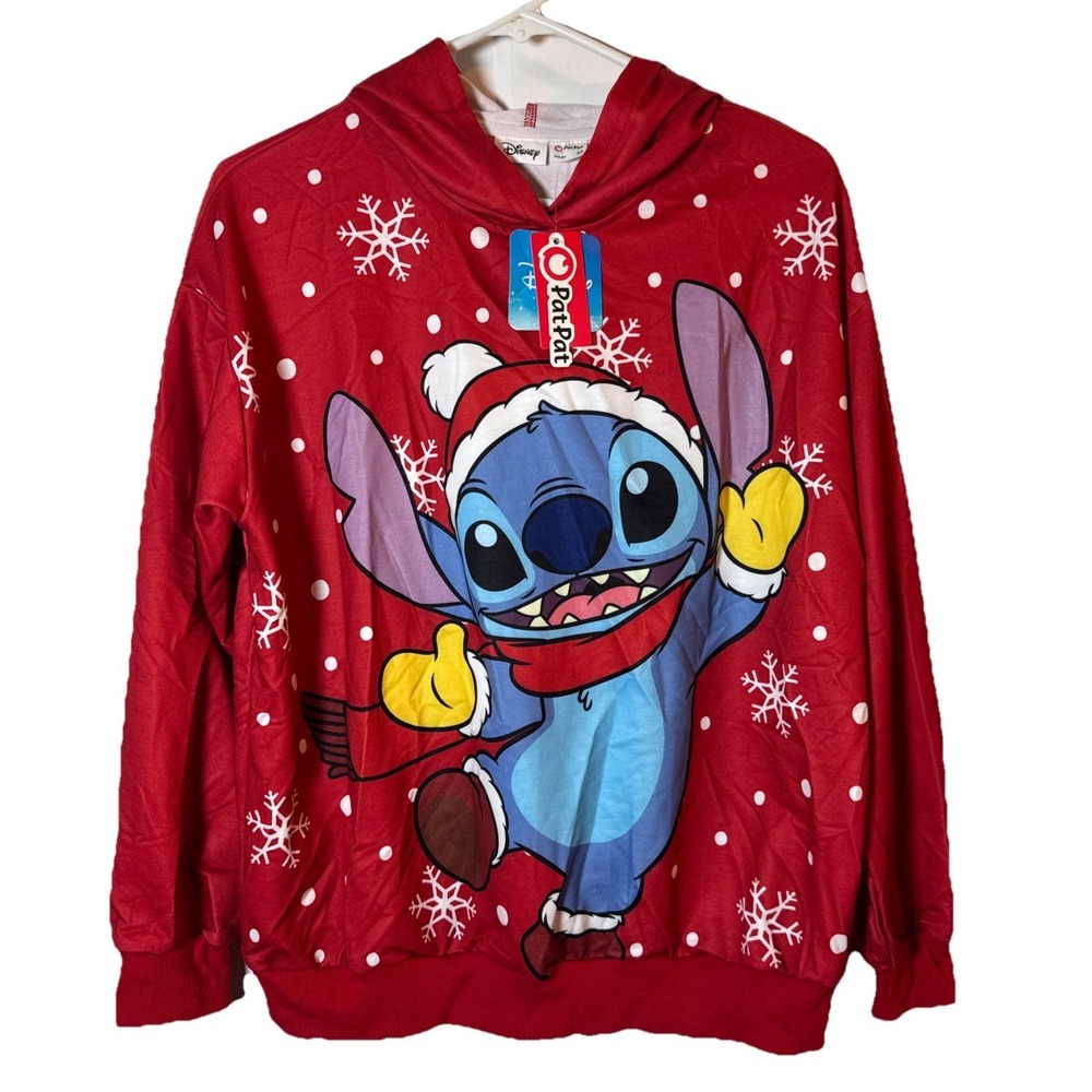 Disney Stitch Christmas Hoodie Womens Medium Red Holiday Sweatshirt NWT‎
